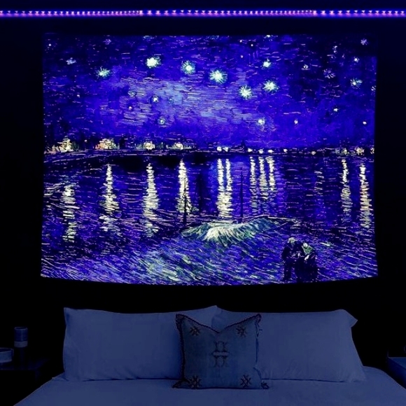 Black Light Starry Night Over the Rhone Vincent Van Gogh Big Wall Tapestry New - Picture 1 of 11